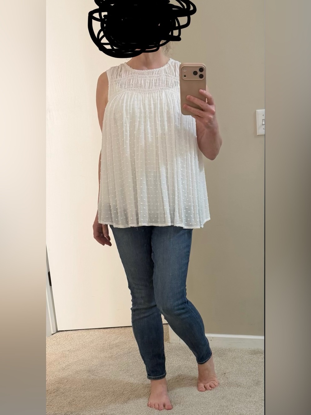 GAP White Textured Dot Sleeveless Smocked Yoke Top.